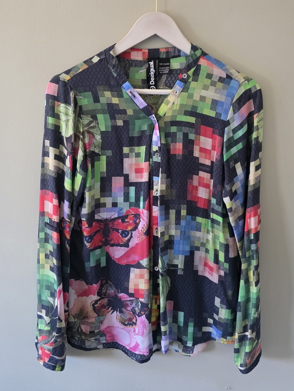 Desigual S Artsy Abstract Watercolor Floral Butterfly Boho Eclectic Blouse